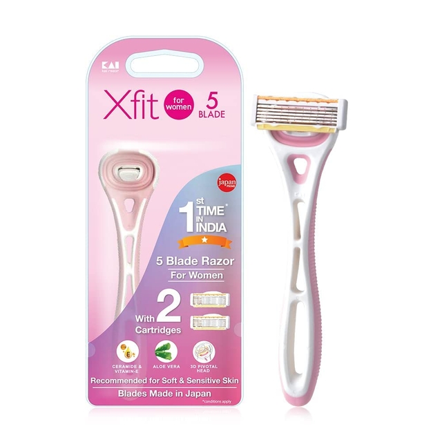 Kai Xfit 5-Blade Body Razor for Women with Aloe Vera Lubricating Strip for Hair Removal Japan-Made Stainless Steel Blades and 3D Pivot Handel,Extra 2 Cartridge's