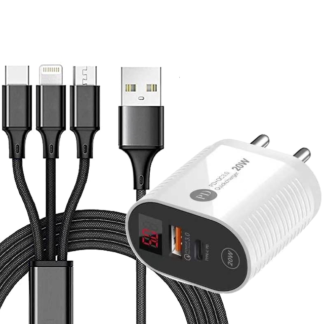 Ivon 3in1 Charging Power Cable(CA- 10) & IVON 20W PD + 3.4A USB Wall Charger