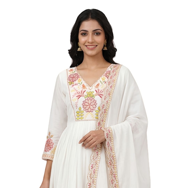Women Floral Embroidered Anarkali Kurta with Trousers & Dupatta