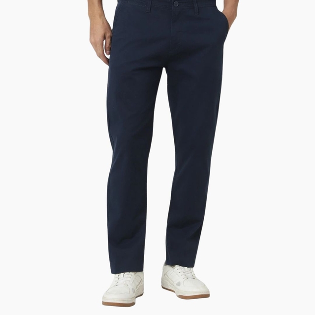 Men Slim Fit Navy Blue Cotton Blend Trousers