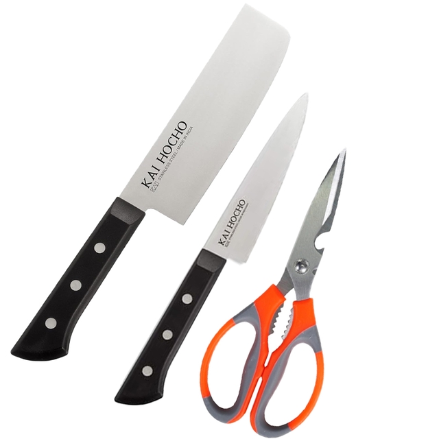Kai Hocho Premium Nakiri Kitchen Knife & Kai Hocho Japanese Premium Petty Kitchen/Vegetable Knife, 4.8 Inch Blade, Black, with N-Duraa Kitchen Scissors