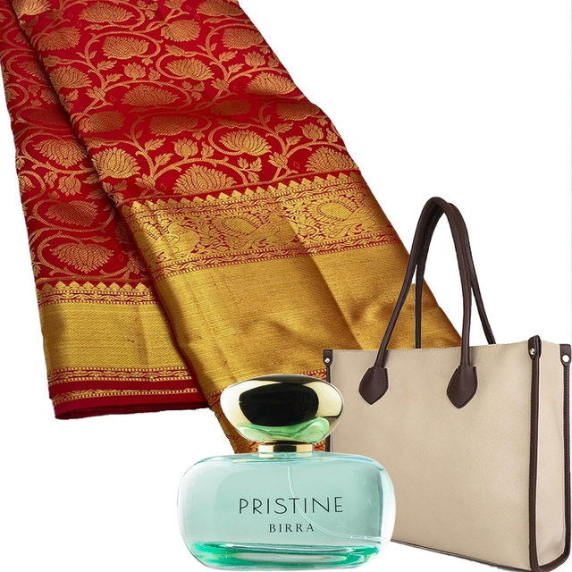 Latest Wedding sarees Collection & Bags for Women for Office Use with BIRRA Pristine Women Eau De Parfum - 100ml (Saree color & design may wary)