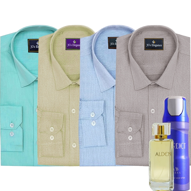 Men's Shirt [Multi Colors] - 4 pcs & Birra Men's Perfume [Alden] - 100 ml Birra Men's Body Spray [Verdicct] - 200 ml