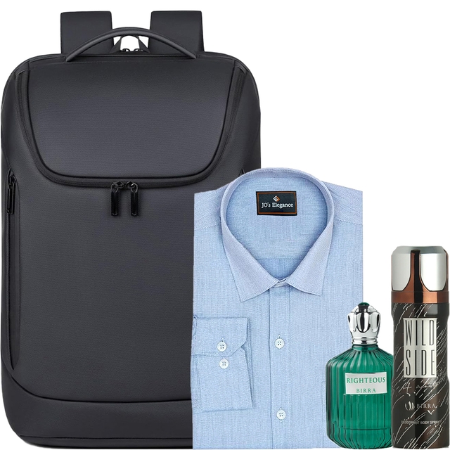 Men's Shirt [Multi Colors] - 1 pc & Birra Men's Perfume [Righteous] - 100 ml + Birra Men's Deo Spray [Wild Side] - 200 ml with Laptop Bag with Luggage Travel, and Daily Use