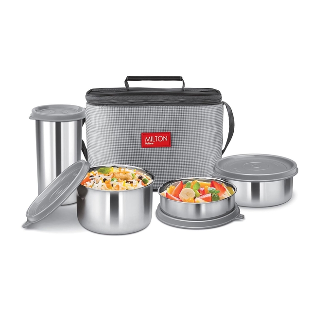 MILTON Delicious Lunch Box with Insulated Fabric Jacket, 3 Stainless Steel Containers 210 ml, 340 ml, 500 ml &Tumbler 380 ml, Leak-Proof Tiffin for Office, College, Picnic, Grey