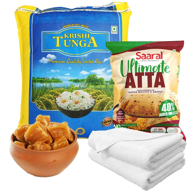 Krishi Tunga Rice 10kg + Saaral Ultimate Atta - 5 Kg + Pure Organic Jaggery - 3 kg + Cotton White Bath Towel - 2 pcs