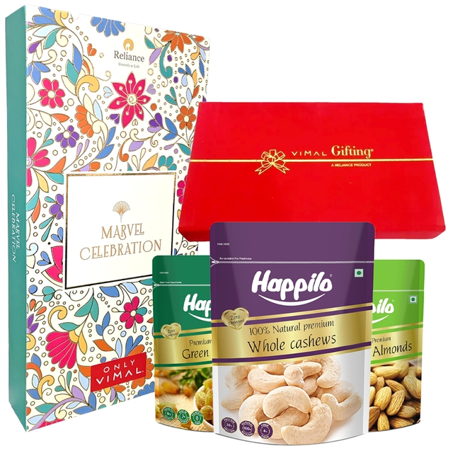 Vimal Gifting - 1 pc + Vimal Marvel Celebration - 1 pc + Happilo Cashews - 500 gms, Happilo Natural Almonds - 500 gms, Happilo Green Raisins - 500 gms.