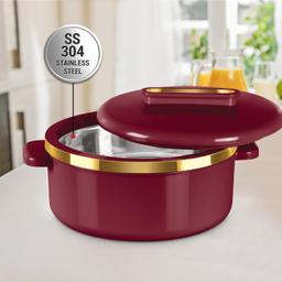 MILTON Curve 1500 Inner Stainless Steel Casserole, 1300 ml, Maroon | BPA Free | Food Grade | Easy to Carry | Easy to Store | Chapati | Roti | Curd Maker