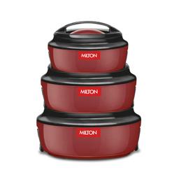 MILTON Ernesto Inner Stainless Steel Casserole Set of 3 (420 ml, 850 ml, 1.43 litres), Red | Easy to Carry | Serving | Stackable | Microwave Safe
