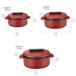 Milton Micronova Jr. Gift Set Inner Stainless Steel Casserole, Set of 3 (380 ml, 775 ml, 1345 ml), Red, BPA Free, Food Grade, Hot and Cold, Microwaverable Steel, Dishwasher Safe, Chapati, Roti