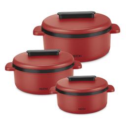Milton Micronova Jr. Gift Set Inner Stainless Steel Casserole, Set of 3 (380 ml, 775 ml, 1345 ml), Red, BPA Free, Food Grade, Hot and Cold, Microwaverable Steel, Dishwasher Safe, Chapati, Roti