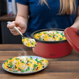 Milton Micronova Jr. Gift Set Inner Stainless Steel Casserole, Set of 3 (380 ml, 775 ml, 1345 ml), Red, BPA Free, Food Grade, Hot and Cold, Microwaverable Steel, Dishwasher Safe, Chapati, Roti