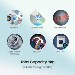 Samsung 9 kg, 5 Star, Eco Bubble Technology with Super Speed, AI Control , Wi-Fi, Digital Inverter Motor, Fully-Automatic Front Load Washing Machine