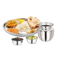 Heavy gauge Stainless Steel Dinner Set 4-Pcs. (1 Plate,/2 Cups,Stainless Steel Water Storage/Chambu