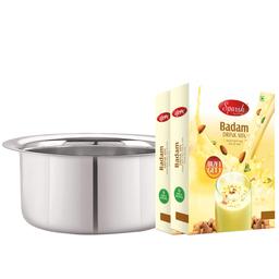 Stainless Steel Induction Bottom Milk boiling vessel 1.5 Litre,& Sparsh Premium Badam Milk Powder 200g (Buy 1 Get 1 Free)