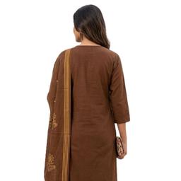 Generic Brown and Beige 3-piece Floral Printed Kurta set Features Large Decorative Flowers on the Kurta and a Matching Dupatta ( 3-piece)