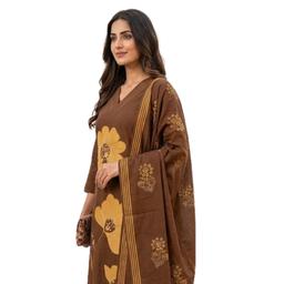 Generic Brown and Beige 3-piece Floral Printed Kurta set Features Large Decorative Flowers on the Kurta and a Matching Dupatta ( 3-piece)