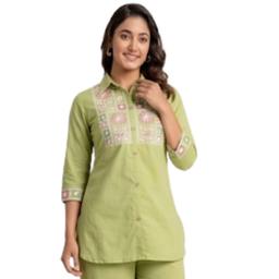 Green Floral Embroidered Shirt or Short Kurta