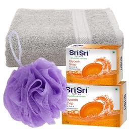 Large Size Bath Towel + Kai, Bath Shower Loofah Sponge, Sri Sri Glycerin Soap [Pack of 2] Bengaluru Only