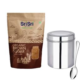 Organic Brown Sugar, 1 kg & Heavy Gauge Stainless Steel Multipurpose Mirror Polish Containers with Spoon