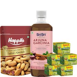 Sri Sri TATTVA shuddhta ka naam Arjuna Garcinia Juice - Cardio Tonic, 1L & Saaral Amla (Indian Gooseberry) with Pure Honey Family Pack (5 Pcs ) with Happilo Almonds Roasted & Salted 200 g