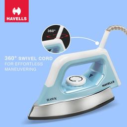Havells ABS Hawk 1100 Watt Heavy Weight Dry Iron With American Heritage Non Stick (Blue & White), 1100 Watts