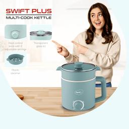 Pigeon by Stovekraft Swift Plus Multi-Cook Kettle 1.5L, with Steamer, Egg Rack - Blue | Double Layered | Food Grade Stainless Steel Inner wall | Glass Lid | Auto Shut-off
