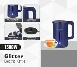 Greenchef Glitter Cordless Pot with cool touch body 1500 watts Blue Electric Kettle (1.8 L), Power Indicator, Easy press for Lid open, Auto shut off, Anti rust, Boil dry protection
