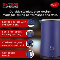 Pigeon by Stovekraft Evoke Electric Kettle with Stainless Steel Body, 1.8 litre, used for boiling Water, making tea and coffee, instant noodles, soup etc. (Blue)