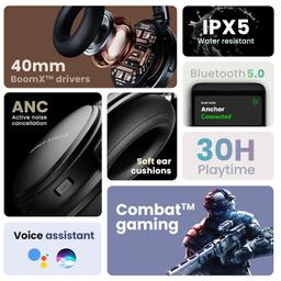 Boult Audio Anchor Bluetooth Wireless Over Ear Headphones with Mic, Active Noise Cancellation, 30H Playtime, AUX Option, Balanced Audio 40mm Drivers, Voice Assistant Sweatproof Gaming ANC Headphones