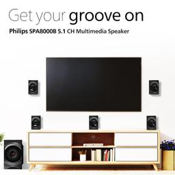 PHILIPS Audio SPA8000B/94 5.1 Channel 120W Multimedia Speaker System with Bluetooth Connectivity, 5X15W Satellite Speakers, USB, LED Display, Robust Design & Matte Finish (Black)