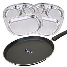 N-Duraa Non-Stick 250mm Tawa & Stainless Steel Breafast Plate [Pack of 2]