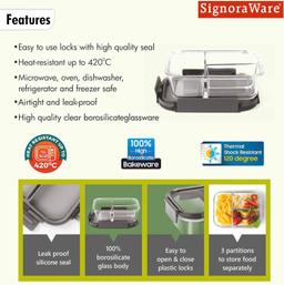 Signoraware Slim Glass Lunch Box (3 Partitions) & Signoraware Lock `N` Store Glass Container 320ml