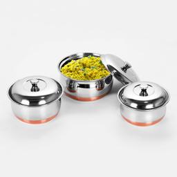 SQ Exclusive  Stainless Steel 3 Pieces Handi Pot Set, 1.1 Liters, 1.3 Liters, 1.7 Liters, 3 Piece (White, Polished)