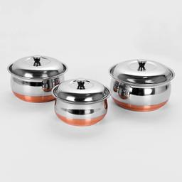 SQ Exclusive  Stainless Steel 3 Pieces Handi Pot Set, 1.1 Liters, 1.3 Liters, 1.7 Liters, 3 Piece (White, Polished)