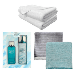 LIFE STYLE COMBO - Linen Shirting Fabrics - 2 pcs  + Cotton White Bath Towel - 2 pcs + Acqua Birra {Gift pack - Body Spray - 1 pc & Perfume - 1 pc] + Free Card