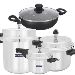 N-Dura Aluminium Cooker [Pack of 3] - 3 Ltrs/5 Ltrs/12 Ltrs + N-Duraa Premium Non-Stick Jumbo Kadai With Glass Lid + Free Card