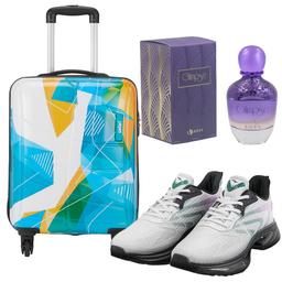 Safari Trolley Bag + Mens Asia Shoes - PowerPlay - 14 [White/Black] + Birra Glimpse Perfume - 100 ml + Free Card