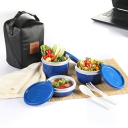 CELLO Max Fresh Micro Insulated Lunch Box | Stainless Steel Inner | 3 Container with Leather Carry Pouch | Lunch Pack for Office & School, College Use | 3 Units