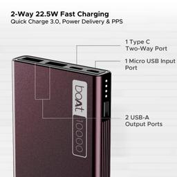 boAt Energyshroom PB300 Powerbank with 10000mAh Battery, 22.5w Fast Charging, 12-Layer Smart IC Protection, LED Indicators and Aluminum Alloy Casing(Burgundy)