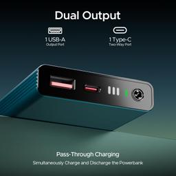 boAt Newly Launched Pocket Energyshroom PB300 Pro 10000mAh | Compact Power Bank, Type-C Input (2-Way Port), 2X Output Ports, 2-Way 22.5W Fast Charging, Pass-Through Charging(Steel Blue)