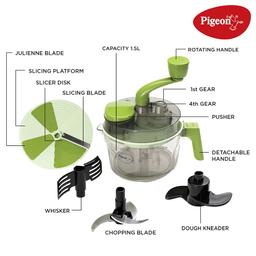 Pigeon by Stovekraft Tornado Turbo Manual Chopper 1.5 L Used for Chopping, Atta Kneader, Slicing, Shredding and Whipping - Green, Large