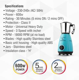 Greenchef Tulip Mixer Grinder 600Watt (3 Jars, Brown)