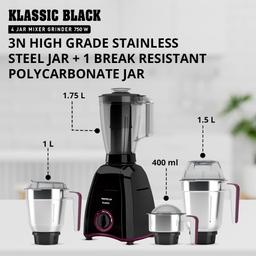 Havells Klassic 750 Watt 4 Jar Mixer Grinder, 21000 RPM Heavy Duty Universal Motor, 304 SS Blades- Black