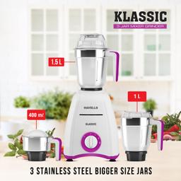 Havells Klassic 750 watts 3 Jar Mixer Grinder with 304 SS Blades,& Lock Mechanism
