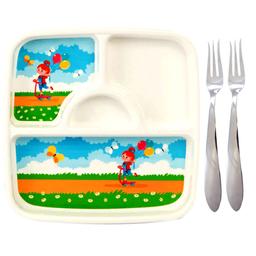Cartoon Faced Fancy Plastic Tiffin Plate for Kids and Fork Spoon (Pack of 3)