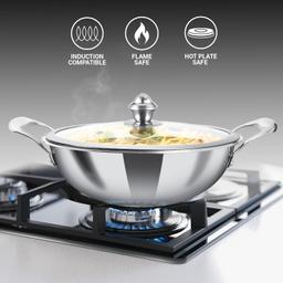 N-Duraa Triply Stainless Steel Honey Comb Surface Kadai Set of 3 with Glass Lid (220mm, 240mm, 260mm) + Free Card