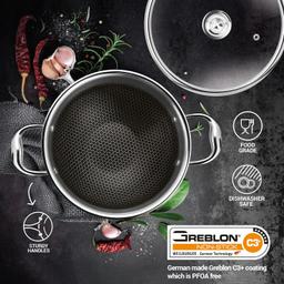 N-Duraa Triply Stainless Steel Honey Comb Surface Kadai Set of 3 with Glass Lid (220mm, 240mm, 260mm) + Free Card