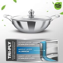 N-Duraa Triply Stainless Steel Honey Comb Surface Kadai Set of 3 with Glass Lid (220mm, 240mm, 260mm) + Free Card