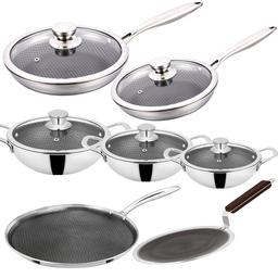 N-Duraa Triply Stainless Steel Honey Comb Set of 7 with Glass Lid (Fry Pan 220 MM + Fry Pan 240  + Kadai 220 MM + Kadi 240mm + Kadi 260mm  + Concave tawa 250mm  + Dosa Tawa 290mm )